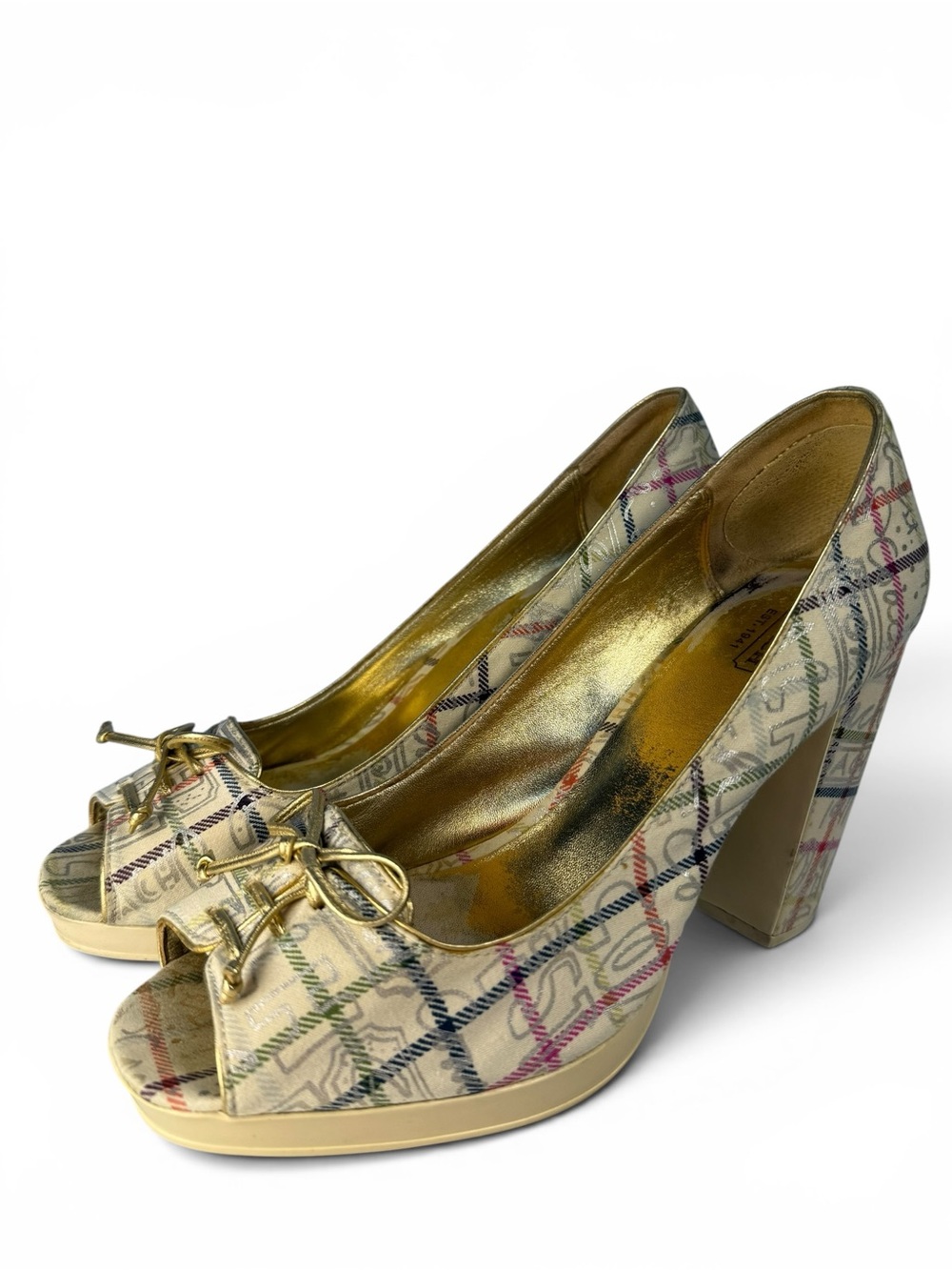 Coach Corey Y2K Plaid Logo Peep Toe Platform Heels Size 10B